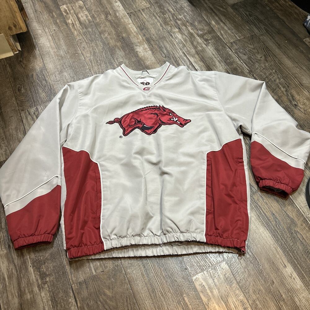Vintage Arkansas Razorbacks Jacket Windbreaker Pullover Gray Red Size XL